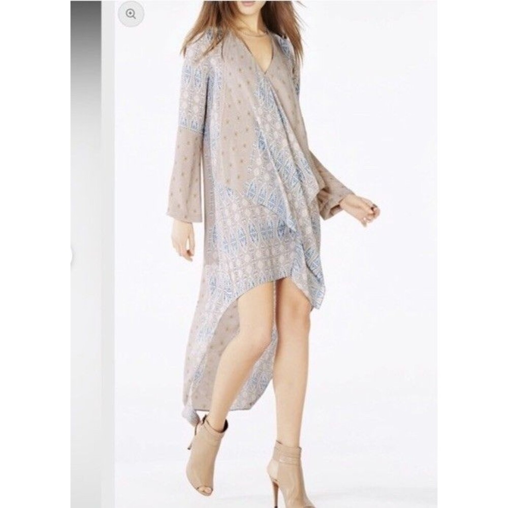 BCBG MaxAzria Kyndal XXS High-Low Maxi Dress Tapestry Long Sleeve Designer Boho